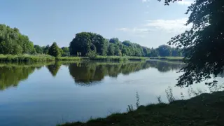 Spokojna tafla wody odbija bujną zieleń drzew i niebo. Idealne miejsce na spacer po oleśnickiej trasie.