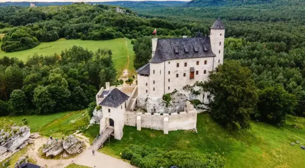 Zamek Bobolice, malowniczo położony na skale, otoczony zielenią i lasami.