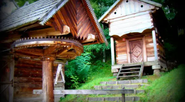 Drewniane chaty w skansenie, przypominające architekturę Kurpiów, z widocznym kołem młyńskim.