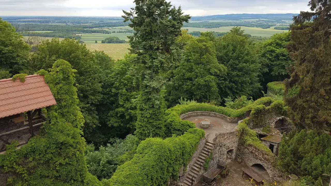 Ruiny grodźca porośnięte zielenią, z widokiem na pola i lasy.